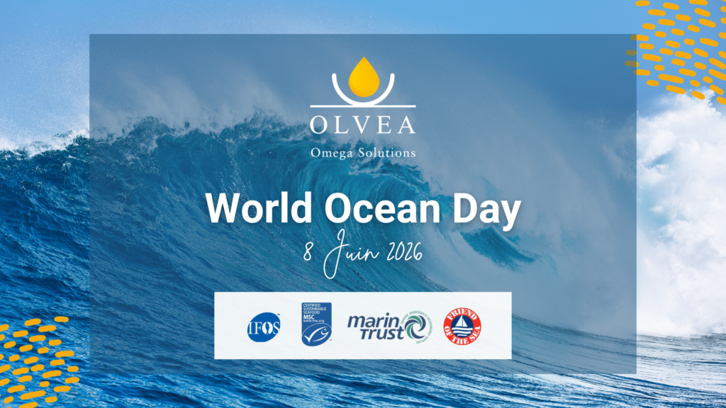 World Ocean Day – OLVEA Omega Solutions : vague océanique illustrant l’engagement pour des huiles riches en oméga‑3 traçables et issues de sources responsables